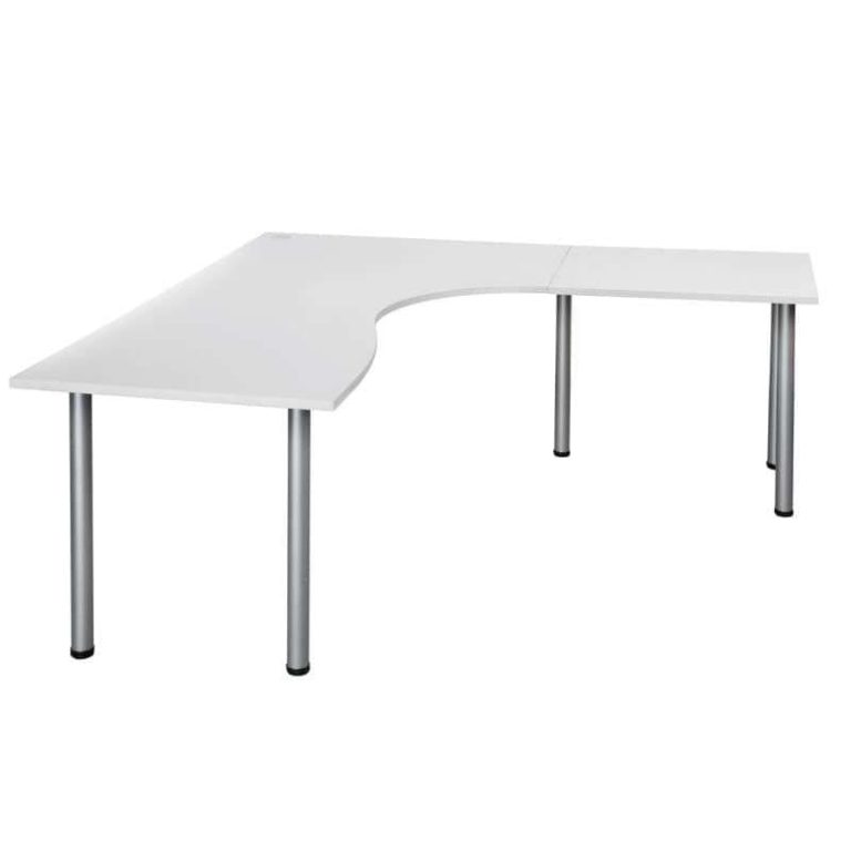 Hörnskrivbord Economy, L‑format 1800x1800, vit melaminskiva, Ø60 mm ställbara ben