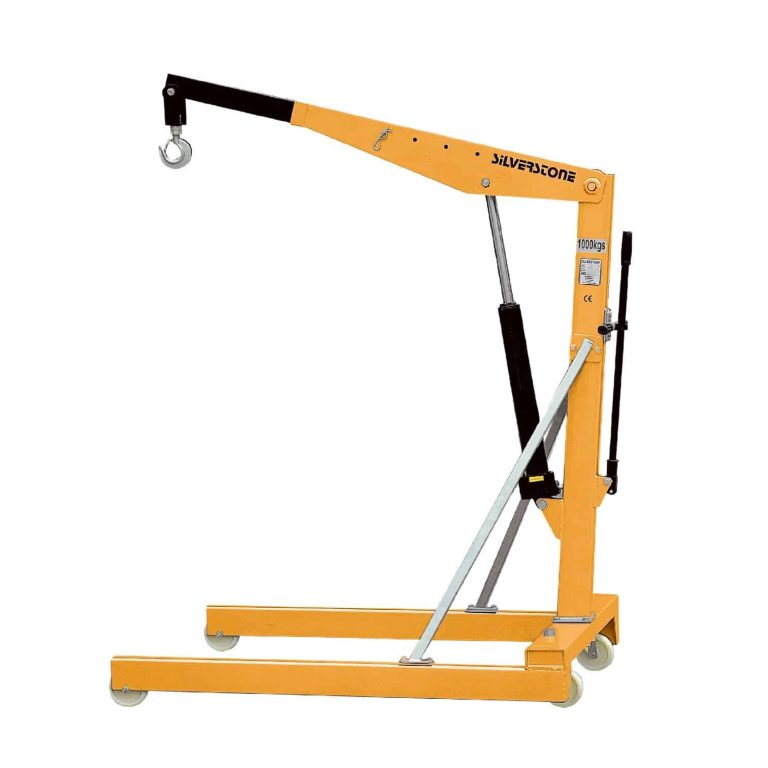 Hydraulic workshop crane 1000 kg with U‑shaped legs straddling a Euro pallet