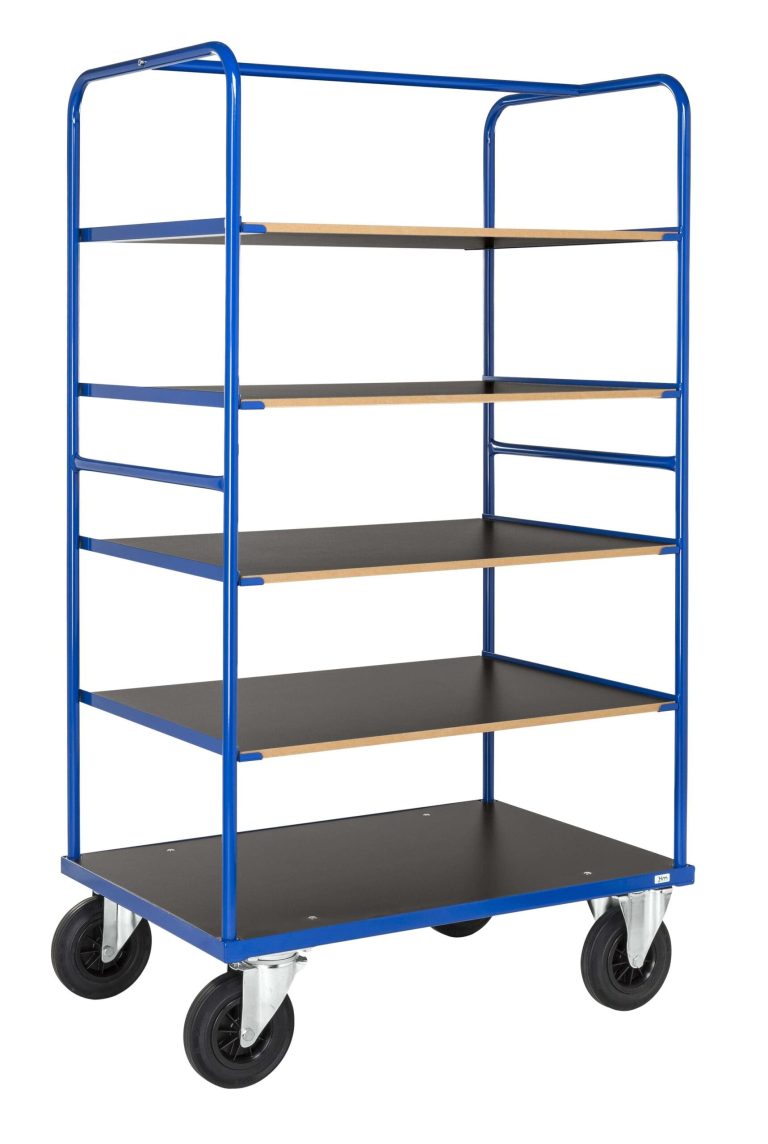 Hyllvagn 300-serien med fem MDF-hyllplan, 500 kg lastkapacitet och Ø 200 mm massivgummihjul