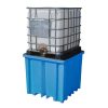 Blue polyethylene IBC spill pallet holding one 1,000 litre IBC container