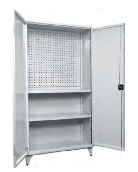 Industrial tool cabinet on legs with perforated back panel and shelves