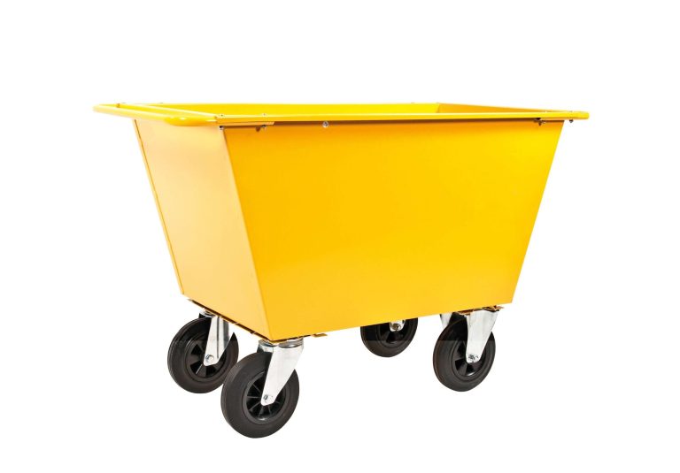 Yellow 200 L industrial waste trolley in powder-coated steel with swivel castors