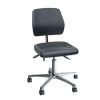 Black industrial work chair with integral foam seat, adjustable backrest and castors