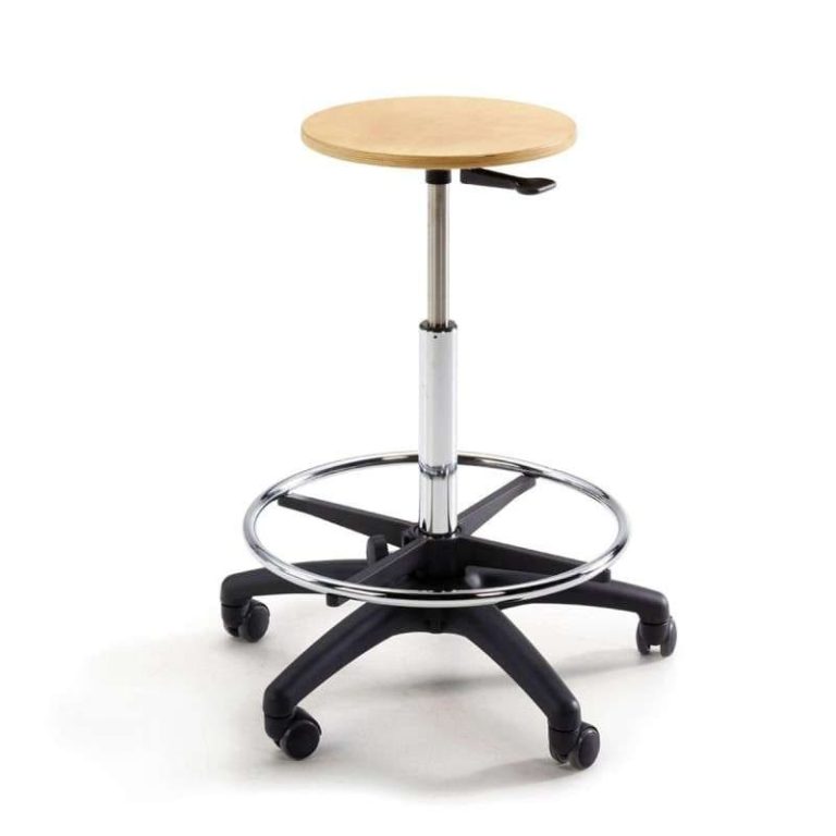 Height-adjustable industrial work stool with foot ring, castors and round seat