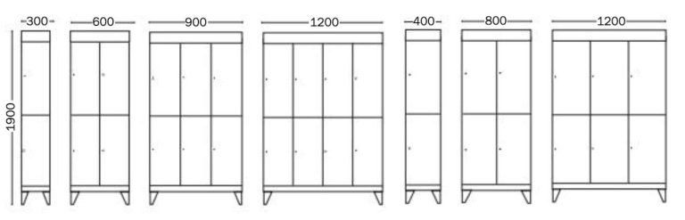 Ritning av Solid klädskåp i stål med 2 fack i höjd och flera sektioner
