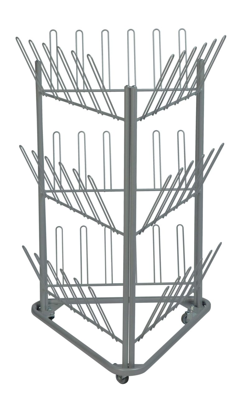 Grey Kongamek mobile shoe drying rack with three levels of shoe supports and castors