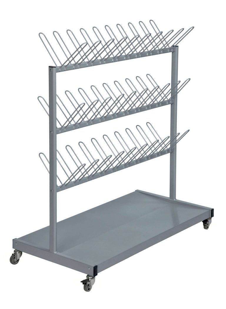 Grey Kongamek shoe drying trolley with three rows of shoe supports and swivel castors