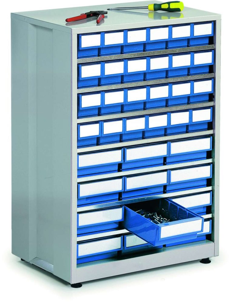 Large storage bin cabinet 3640 with blue Treston shelf bins for small parts storage