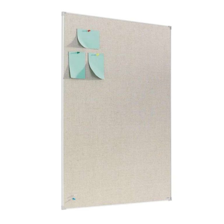 Linen fabric notice board with anodised aluminium frame and pinned notes.