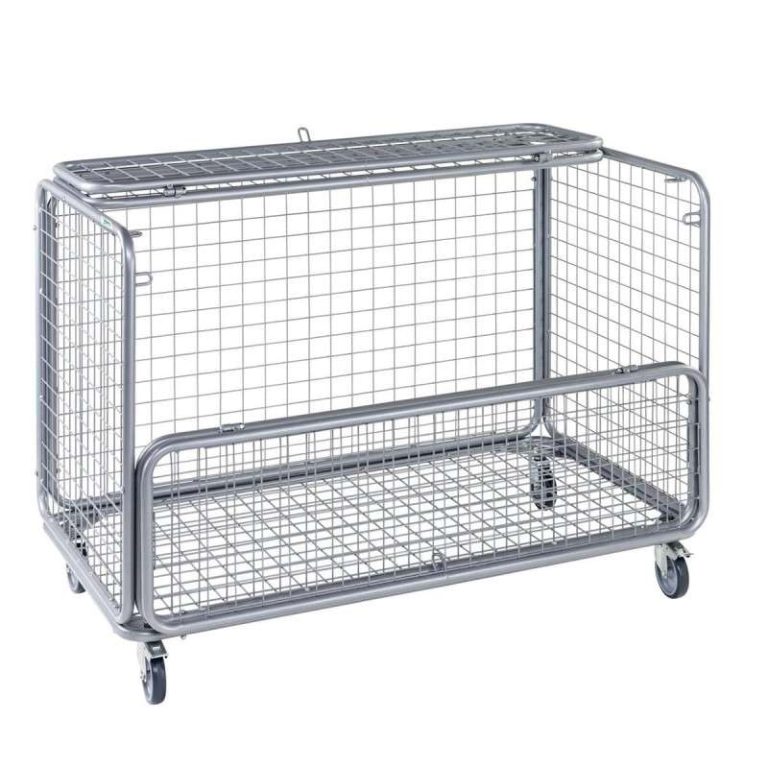 Lockable mesh ball storage trolley with folding lid and four swivel castors