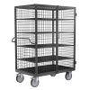 Lockable security trolley with mesh walls and padlock for warehouse storage.