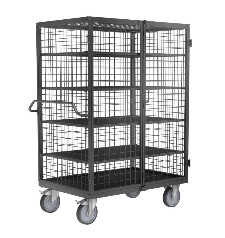 Lockable security trolley with mesh walls and padlock for warehouse storage.
