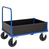 Low box platform trolley 500 kg with blue frame, black side panels and solid rubber castors