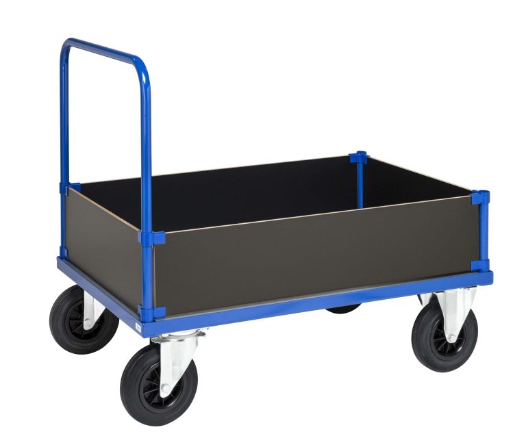 400 Series low box platform trolley 500 kg with powder-coated steel frame and solid rubber wheels