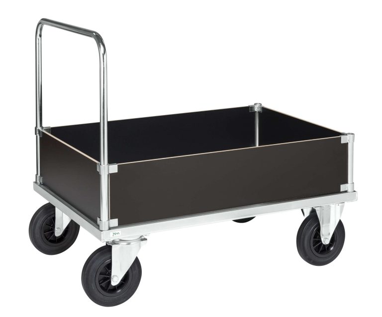 600 Series low box platform truck, 500 kg, with low side panels and solid rubber castors
