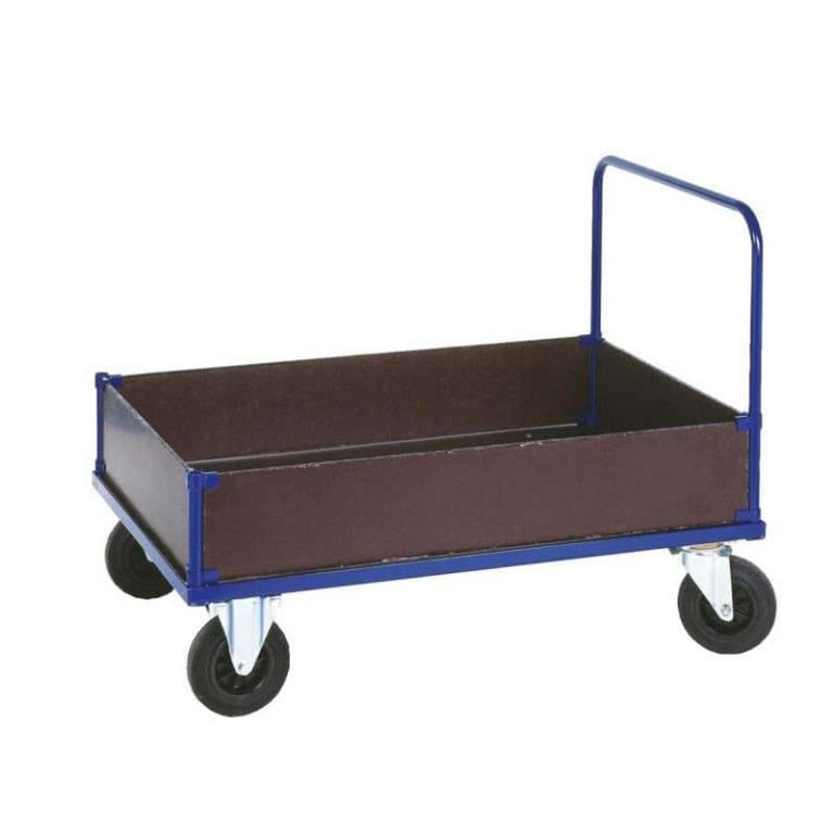 Low box platform truck 500 kg with enclosed MDF side panels and single push handle