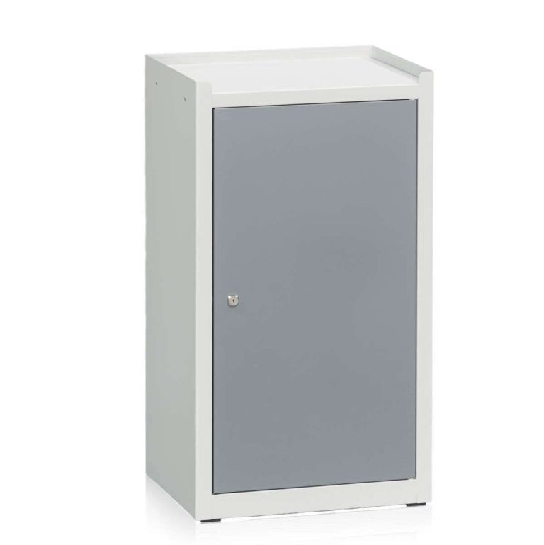 Low narrow tool cabinet with raised-edge top and compact single-door design