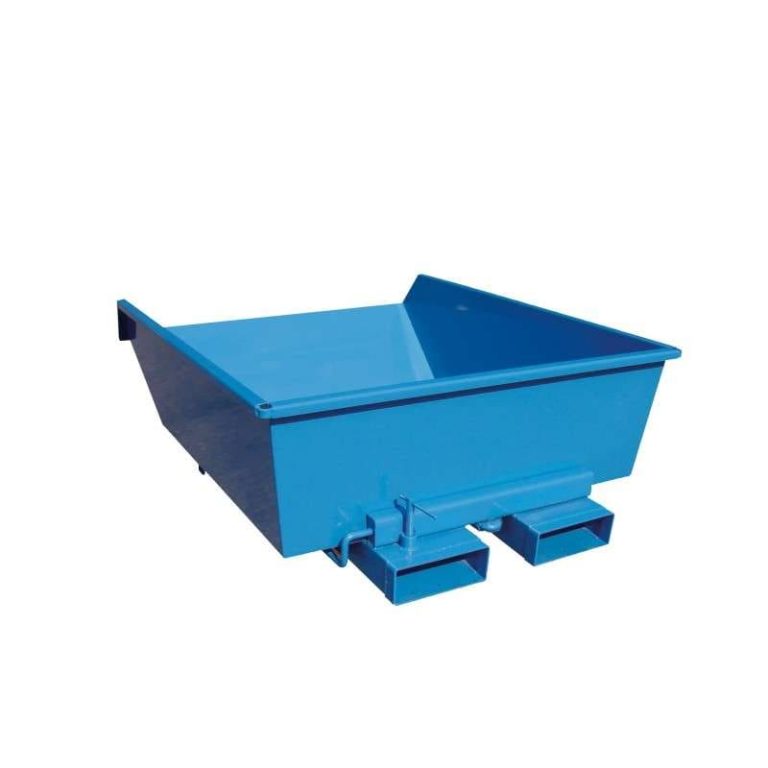 Low profile self-tipping skip in blue with fork pockets for forklift and pallet truck handling