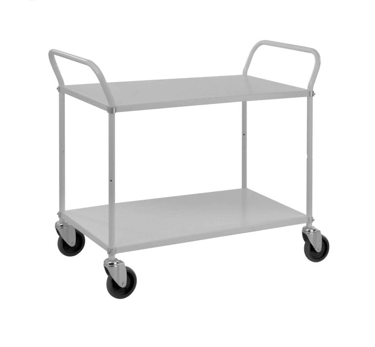 Low steel shelf trolley with three tiers and 250 kg load capacity