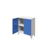Low lockable metal storage cabinet with legs, blue doors and grey frame
