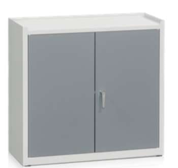 Low wide steel tool cabinet with double doors and two pull-out drawers