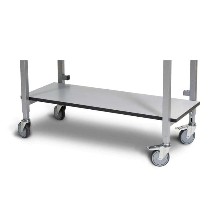Lower shelf for 400 kg mobile work table with light grey HPL surface