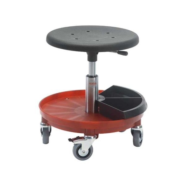 Low mechanic’s stool with tool tray, PU seat and braked castors