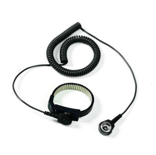 Treston metal wrist strap for use in electrostatic protected areas (EPAs). The set includes the wrist strap and a 3.6 m coiled cord with a 1 MΩ resistor.