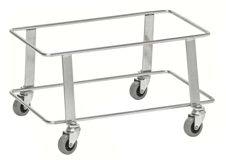 Electro-galvanised mobile shopping basket stacker on four swivel castors