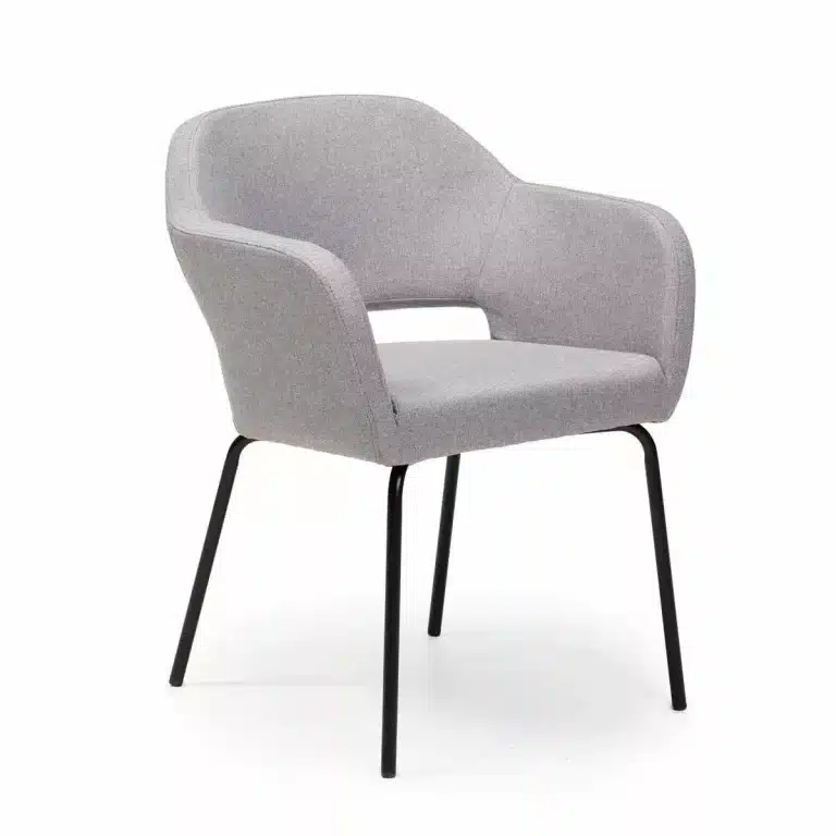 Grey upholstered Mukava meeting chair with black frame and armrests for office conference rooms