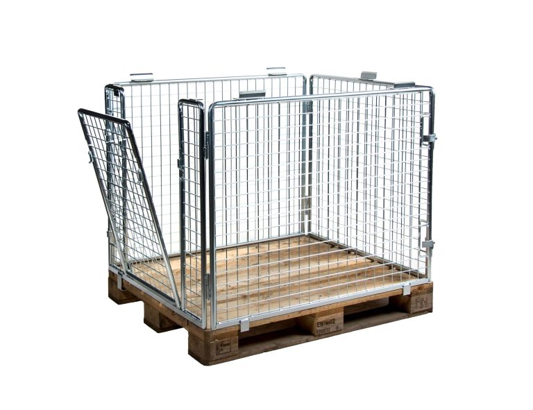 Nätpallram FIN 1200×1000, elförzinkad, öppningsbar kortsida, staplingsbar 1000 kg