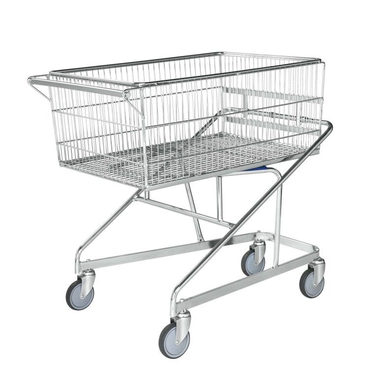 Nestable wire basket trolley with folding basket and four swivel castors