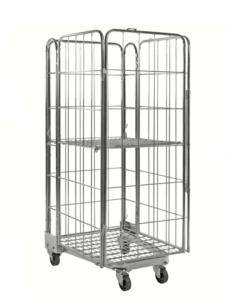 Nestable roll container with three wire walls, open front door and wire shelf