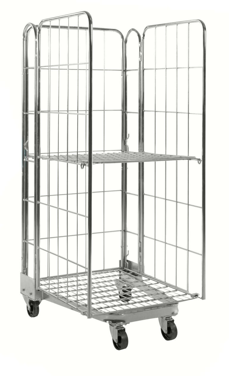 Nestable 3-sided roll container with wire shelf
