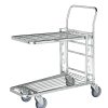 Nestable stock trolley with adjustable top shelf and four swivel castors