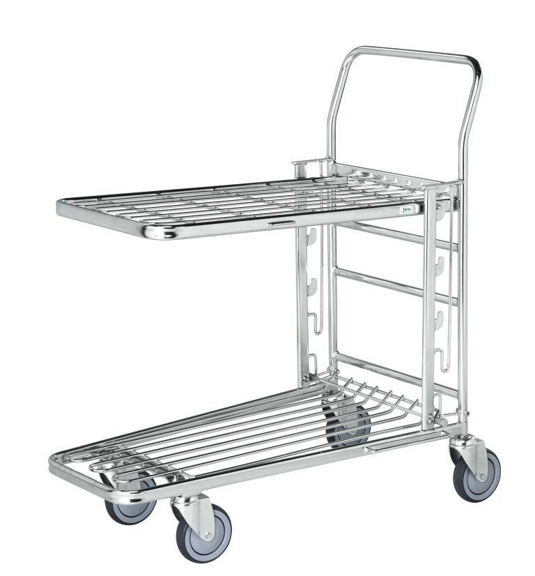 Nestable stock trolley with adjustable top shelf and four swivel castors