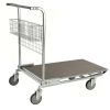Nestable stock trolley with front basket, solid deck and four swivel castors