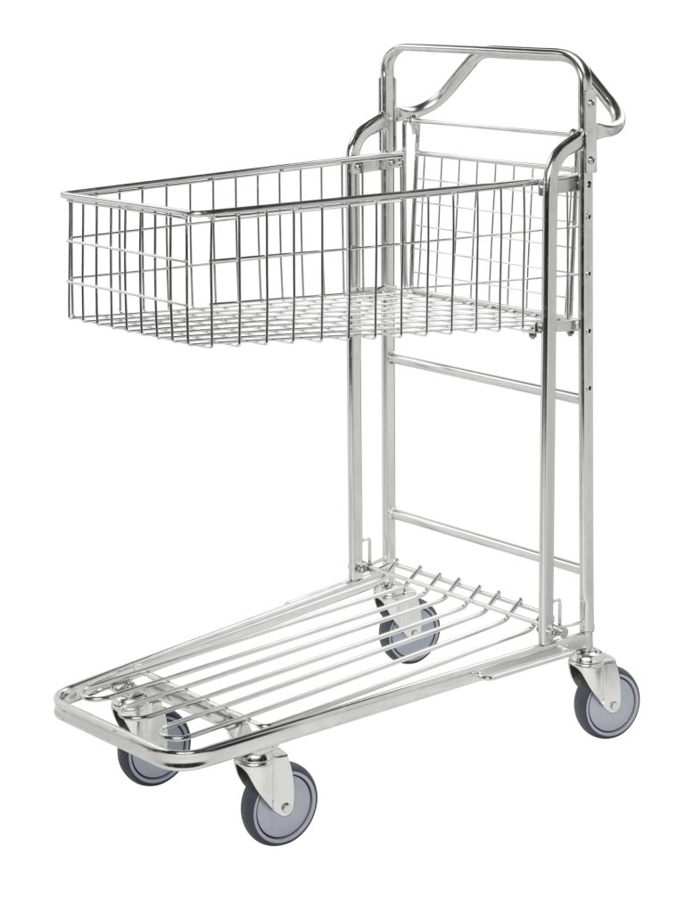 Nestable stock trolley with fixed deep basket and lower platform, 300 kg