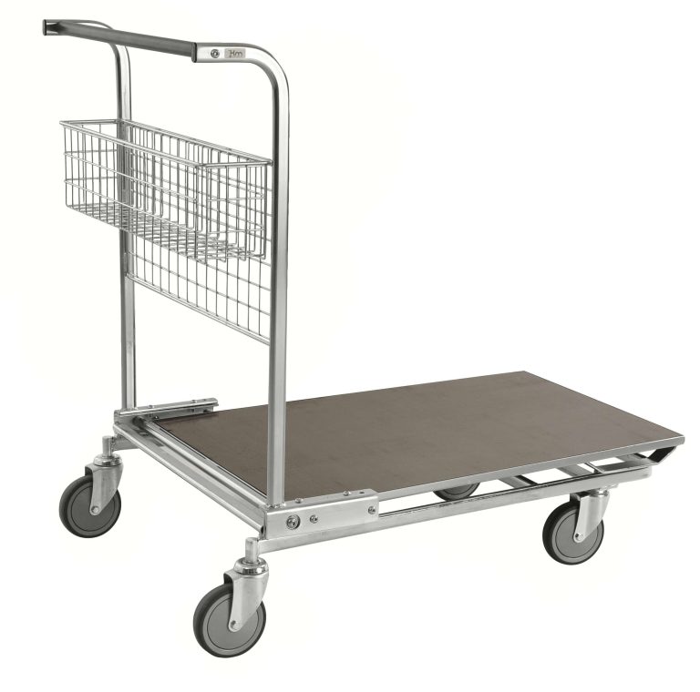 Nestable stock trolley with front basket, solid deck and four swivel castors