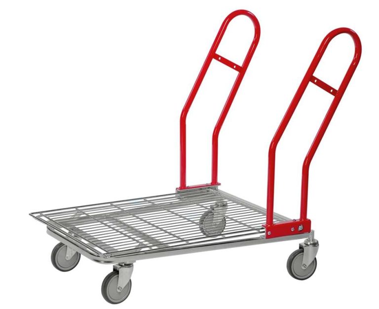Nesting stock trolley with wire mesh deck and swivel castors for retail and warehouse use