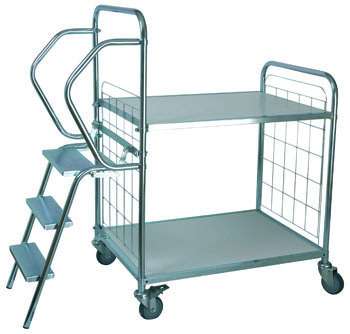 Office trolley with folding ladder, two melamine shelves and solid rubber wheels