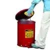 Red oily waste can with foot-operated self-closing lid for flammable waste