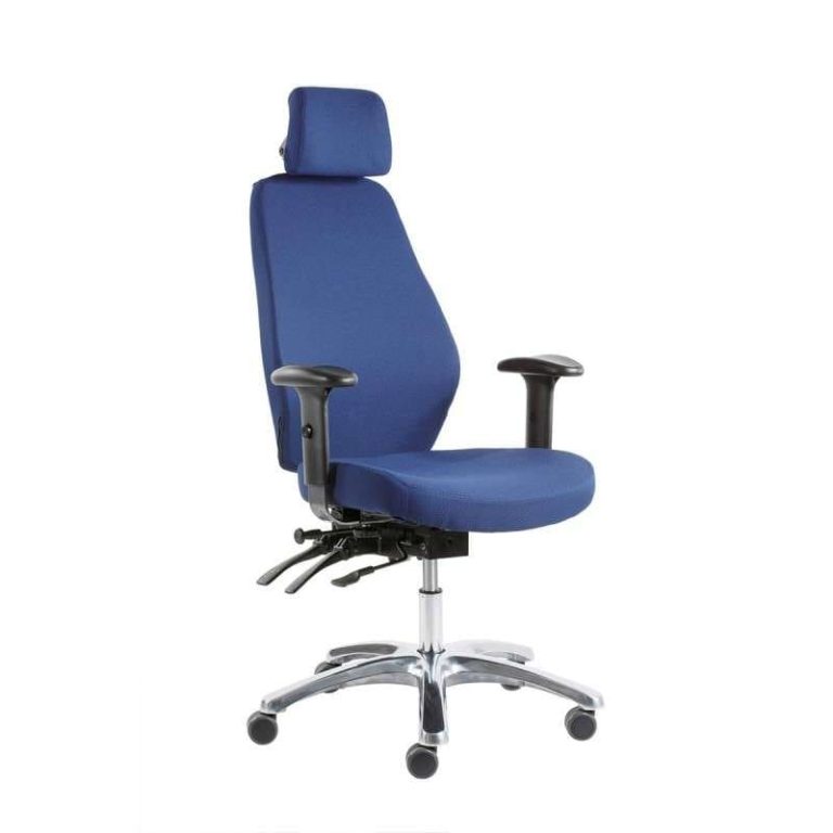 Optimum Z ergonomic task chair with blue fabric upholstery, high backrest, adjustable headrest and armrests