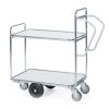 Order picking trolley with two laminate shelves and centre-mounted balance wheels