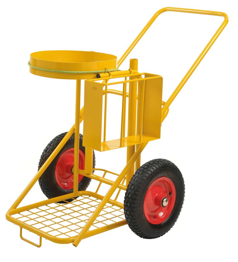 Outdoor waste trolley for 125 L waste sacks with rake holder and 400 mm wheels
