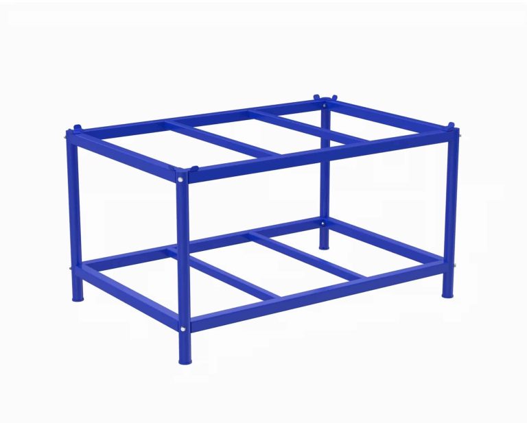 Blått pallbord med pallstyrning för EUR-pall 1200 × 800 mm
