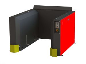 Pallet dispenser corner guards protecting front corners from forklift impact