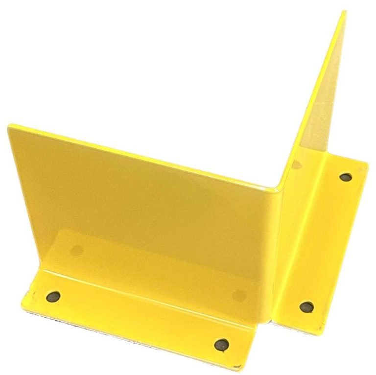 Yellow steel L-shaped rack corner guard, bolt-down impact protector.