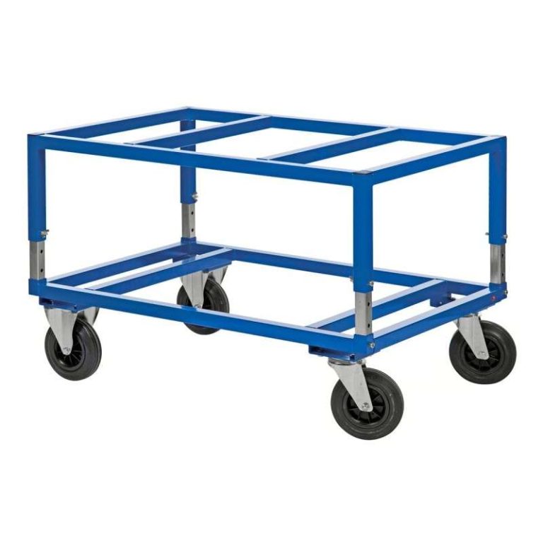 Blå pallvagn för FIN-pall 1200 x 1000 mm med justerbar höjd och 200 mm hjul