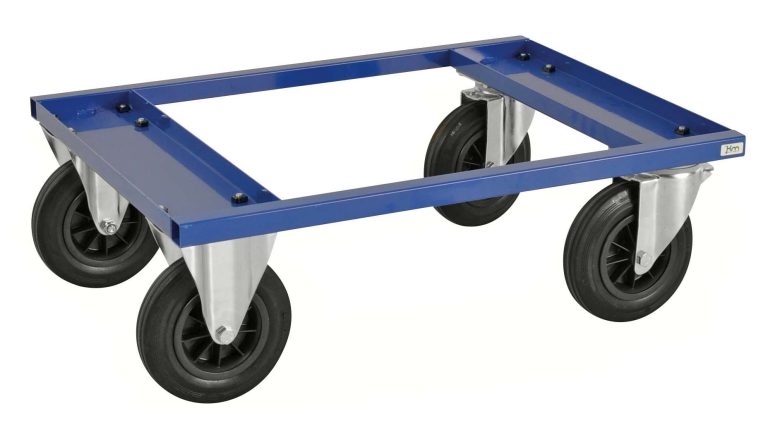 Blå pallvagn för halvpall 800 x 600 mm med massivgummihjul